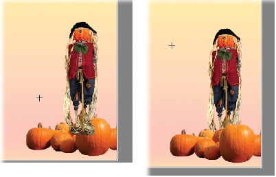 Left: When you bring a new element into an image, it comes in on top of the active layer. In this case that move happened to make the scarecrow the front object.Right: Move the new layer down in the stack, and the new object appears behind the existing content of the layers you move below, just as the scarecrow moves behind the pumpkins here.