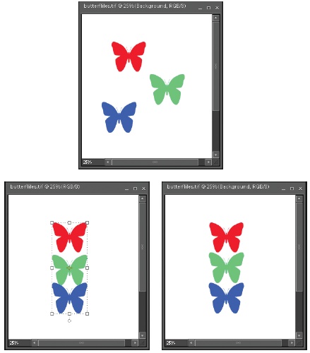 Top: Each of these butterflies is on its own layer, but they need to be tidied up if you want them in a neat stack.Bottom left: The result, after selecting the butterflies with the Move tool, and then picking Align → Horizontal Center. As you see, the centers of the butterflies are now aligned, but they’re not distributed evenly.Bottom right: The butterflies after a trip to Distribute → Vertical Centers. Note that they’re evenly spaced but still pretty close together. That’s because Distribute doesn’t add any additional space between the outermost objects. If you want wider spacing between the shapes, then make sure they’re farther apart before you distribute them.