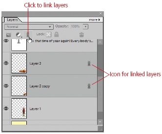 Shift+click to select the layers you want to link, and then click the little chain (where the hand appears in the figure) to link two layers together. The chain icon appears to the right of each layer name to indicate that the chosen layers will now move as a group.