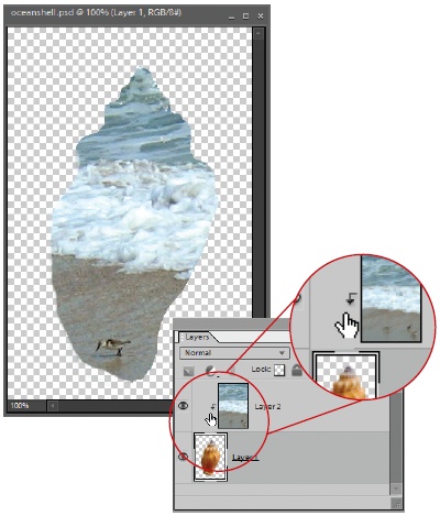 This image began life as a picture of a seashell on one layer, and a beach scene on the layer above it. At first, the beach image totally hid the seashell, but interesting things happen when you group the layers. The beach layer automatically gets cropped to the shape of the bottom layer, the seashell. The minute little downward-bent arrow (visible just above the cursor) in the Layers palette shows the beach layer is grouped.