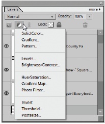 To create a new Adjustment or Fill layer, click the black-and-white circle to get a drop-down menu that lets you choose the type of Adjustment or Fill layer you want. If you’d rather work from the menu bar, then go to Layer → New Adjustment Layer (or Layer → New Fill Layer), and choose the layer type you want.