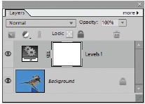 Adjustment and Fill layers, like the top-most “Levels 1” layer shown here, always have two icons in the Layers palette. The left-side icon indicates that the layer’s making an adjustment (Levels, in this case). You can double-click that icon to bring up the dialog box to make changes to your settings. (Note to Elements veterans: In Elements 7, Fill Layers still have a unique icon for each type of layer, but now all Adjustment layers show the little gear icon you see here. Individual icons for the different types of adjustment layers don’t exist anymore.) The right icon is for the Layer Mask; you can use it to control the area that’s covered by the adjustment.