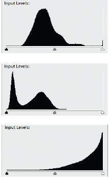 Top: If the bars in your Histogram are all smushed together, your photo doesn’t have a lot of tonal range. As long as you like how the photo looks, that’s not important. But if you’re unhappy with the color in the photo, it’s usually going to be harder to get it exactly right compared to a photo that has a wider tonal distribution.Middle: If all your colors are bunched up on the left side, your photo is underexposed.Bottom: If you just have a big lump that’s all on the right side, your photo is overexposed.