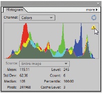 If you keep the Histogram on your desktop, you can always see what effect your changes are having on the color distribution in your photo. To get this nifty Technicolor view, go to Window → Histogram and then choose Colors from the pull-down menu on the palette. To update a Histogram, click the upper-right triangle as shown here. If you’re really into statistical information, there’s a bunch of it available at the bottom of this palette, but if you’re not a pro, you can safely ignore these numbers.