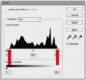 Here’s how to use the Levels sliders. You want to move the left and right sliders from the ends of the track until they’re under the outer edges of the color data in the graph. If there’s empty space on the end, just move the slider until it’s under the first mound of data. The red arrows in this figure show where you’d position the left and right sliders for this photo.