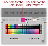 Whether you prefer using Color Swatches or the Color Picker, you can choose your favorite (for most tools) in the Options bar. Click the color sample in the box to bring up the Color Picker, or, if you’re a Swatcher, click the arrow to the right of the box to reveal the Color Swatches palette.