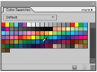 When you move your cursor over the Color Swatches palette, it changes to an eyedropper. Click to select a color. If you’re using a preloaded palette you’ll see color name labels as you move over each square. If you use the swatches a lot, choose “Place in Palette Bin when closed” from the More menu so the Swatches palette is always there.