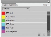 On the Color Swatches palette, click the More button → Small List, and depending on the collection you’re using, you can see the names or hex numbers for each color (in addition to a small thumbnail of the color). Some of the tools, like the Type tools, have Options buttons for their swatches viewer instead of the palette’s More button.