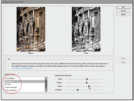 The “Convert to Black and White” dialog box makes it very easy to create effective transformations, even if you don’t have any idea what you’re doing. First, choose a conversion style from the list on the left (circled), and then use the sliders to tweak your conversion, if necessary.