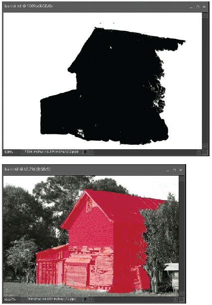 Elements lets you edit your layer mask and also gives you two different ways to see it.Top: To see the masked area in black, Alt+click the right thumbnail for the layer in the Layers palette.Bottom: To see the masked area in red, Alt+Shift+click the layer’s thumbnail.