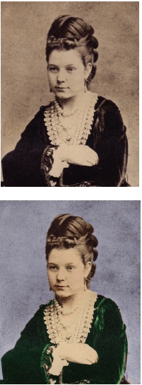 Top: If you decide to color an old black-and-white or sepia photo, put each color on its own layer. That way you can adjust the transparency or change the hue or saturation of one color without changing the other colors, too.Bottom: A very low opacity is enough for really old photos like this one if you want to give the effect of a print that was hand-colored.