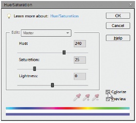 If you want to color something that has no color information in it, like a white shirt or a grayscale image, in the Hue/Saturation dialog box, turn on Colorize (where the cursor is here) to add color to the image. If you don’t turn on the Colorize checkbox, then you can adjust the hue, saturation, and lightness of white all day long—all you’ll do is go from white to gray to black because there’s no color info there for Elements to work with. Also, if something is pure white (that is, contains no color information at all), then you may need to darken it by moving the Lightness slider to the left before any color shows.