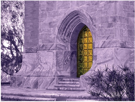 Here’s the photo from . It was tinted with a purple tone by turning on the Colorize checkbox in the Hue/Saturation dialog box. The door was masked out so that it stays in full color.