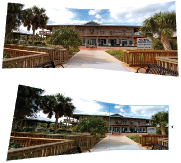 You can radically alter the perspective of your panorama by selecting a vanishing point.Top: The result of clicking in the merge’s center photo.Bottom: The result of clicking on the right-hand image. Note that the tool selects only a particular image in the merge group, not the actual point within the photo. You can click any photo to put your vanishing point there, but if you subsequently try to tweak it by clicking a higher or lower point within the same photo, then nothing happens. To change the Vanishing point you’ve set, just click a different photo.