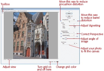 To use Correct Camera Distortion, look at the little icons next to each slider, which show you what happens when you move the slider toward the icon. For instance, if your photo suffers from barrel distortion (everything bows outwards), then move the Distortion slider toward the pinched-in pincushion. The icon illustrates exactly what you want to do to your photo—slim it down.