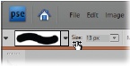 You don’t need to open pull-down menus like the one shown here that says “13 px”. Just move your cursor onto the word “size”, and your cursor changes into a hand-with-double-headed-arrow. Now you can “scrub” back and forth right on the Options bar to make the changes—left for smaller, right for larger. This trick also works anywhere you see a numerical pop-out slider (as in the Layers palette’s Opacity menu, for example).