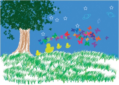 You can digitally doodle using the Elements brushes, even if you can’t draw a straight line. Everything in this lovely drawing was done with brushes included with Elements. The leaves were painted with a brush that paints leaves; the yellow ducks come from a brush that paints rubber ducks, and so on.