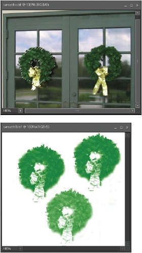 Top: If you want to make a brush that draws holiday wreaths, just select a wreath in a photo and save it as a brush.Bottom: You can paint better than you thought! Notice, too, that some of the ragged edges of the wreath were left out to improve the shape of the brush.