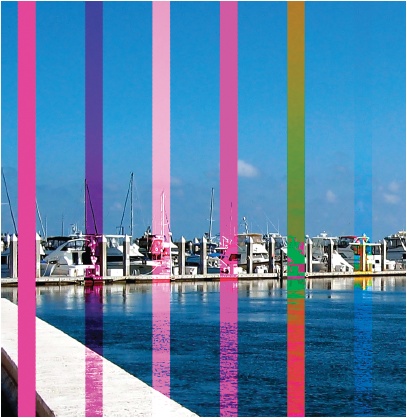 This photo shows the effect of some of the different blend modes when used with the Brush tool. The same color was used for every one of the vertical stripes—you can see how different the result is from just changing the mode. From left to right, the modes are: Normal, Color Burn, Color Dodge, Vivid Light, Difference, and Saturation.