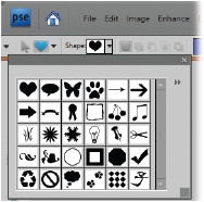 Here’s just a small part of the shape library you can choose from in the Shape Picker. To add more custom shapes to your repertoire, you can download and add them to C:Program FilesAdobePhotoshop Elements7.0PresetsCustom Shapes. Look for the file extension .csh when you want shapes that you can add to your library. Downloaded shapes that you add show up as drawing options when you click the More button (the double arrows) on the Shapes palette. See for more about adding shapes to Elements.