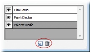 If you’ve used layers before (see ), then these little icons (circled) should look familiar. In the Filter Gallery, they make new filter layers instead of regular layers. Click the square icon (shown at the bottom of this figure) to add a new filter layer to your image. Click the Trash can icon to delete a filter layer. The eye icons next to your filter layers turn visibility on and off just as they do in the Layers palette. It’s true that the filters preview in layers, but they don’t show up as real layers in the Layers palette—only in the Filter Gallery.