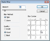 The Blur Center box lets you identify the center point of the Radial Blur’s effect (whether you’ve chosen Zoom or Spin mode). Drag the ripple drawing inside the box in any direction; here, the center point has been moved just to the right and down from its original position in the center of the box.