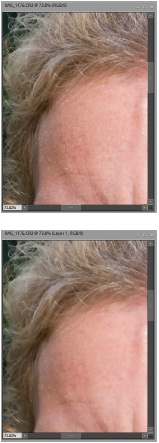 The new Surface Blur filter is a very handy tool for creating better looking skin, minimizing lines and flaws, or reducing the visibility of pores.Top: The original photo.Bottom: A dose of Surface blur evens out fine lines in the skin and preserves individual hairs that have good definition. But if you look closely, the areas of hair with less definition got blurred along with the skin. In cases like that, use a selection to limit where the blur gets applied.