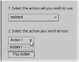 If you add a single action that isn’t part of an action set, then you still have to make a choice in both the Action Set menu and the Action menu. Just choose its name in the Action Set menu, and then, in the Action menu, choose Action 1. Redsteel is an action that contains the steps used to create the window image in . You can download it from the Missing CD page at www.missingmanuals.com if you want to try installing actions. It works best on photos with lots of detail. On images with large blocks of color, the effect is more like pop art than a colored steel engraving.