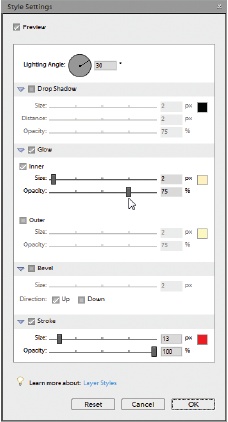 The Style Settings dialog box gives you a lot of choices. Use the flippy triangles on the left to see the settings for a particular style characteristic or to collapse the ones you don’t care about to get them out of your way. To apply a new characteristic to a style (like adding a glow to a style that doesn’t already have one), just turn on its checkbox. Click the color squares to the right of the sliders to bring up the Color Picker (see ,) and then choose a new color for that setting.