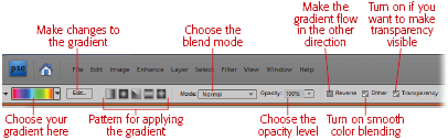 The Gradient tool’s Options bar gives you lots of choices for customizing how you apply your gradient.