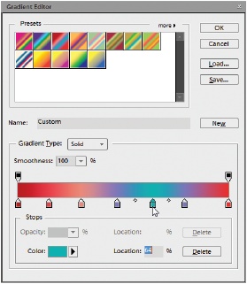 The powerful and complex Gradient Editor. Here, the aqua-colored Stop (where the cursor is) has been clicked to make it active. The colored triangle on the Stop is Elements’ way of telling you it’s the active Stop. The two tiny diamonds on either side of the active Stop control the location of the midpoint of the transition between the selected color and its neighbors.