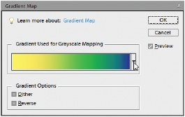 The Gradient Map Adjustment layer dialog box. Clicking the tiny arrow at the right of the thumbnail (where the cursor is in the figure) gives you a drop-down menu showing the available gradient patterns. Click in the pattern preview area to bring up the Gradient Editor () if you want to make changes to the gradient you’ve chosen.