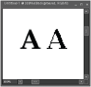 An extremely close look at the same letter with and without anti-aliasing. The left letter A has anti-aliasing turned on, making the edges smooth (well, smoother). If you look at the letter A on the right, you can see how the edges are much more jagged and rough looking.