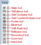 The Liquify dialog box has its own toolbox. Along with the standard Hand and Zoom tools to help you adjust the view as you work, you get highly specialized tools found nowhere else in Elements.