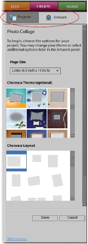 Once you’re in the Create pane in the Editor, you have a choice of two tabs (circled). Select and start your project from the Projects tab. Here you see the Photo Collage pane, where you start your collage. Once you’ve completed your basic layout here, click the Artwork tab to see the Content palette—that’s where you can choose frames, graphics and other doodads to add to your project.