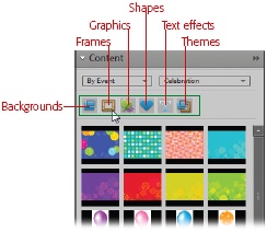 Once you’ve winnowed down your choices by selecting from the two pull-down menus shown here, use these little category icons (labelled) to further control which thumbnail patterns appear in the Content palette. Elements starts you off by including all the categories (a gray outline around a button means it’s active and that category is included in your search). Click any of the buttons to turn them off and exclude that category from your search. So here you see the results of searching By Event → Celebration. And since the Frames button is turned off no frames appear in the thumbnail area.