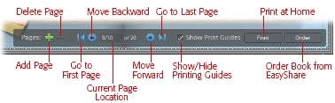 When you click Create, Elements gives you a helpful double-page view of your book so that you can make any edits to the pictures or changes to the layout. The control strip shown here lets you move through your pages to see each double-page spread, or add or remove pages. You can reposition it anywhere in the work area that’s convenient so it doesn’t cover up your photos.