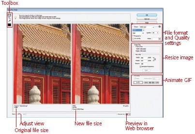 The Save For Web dialog box makes it easy to get the exact image size and quality you want. The left side shows your original image. The preview on the right shows what your newly sized image will look like at its new file size.