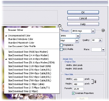 The Save For Web window gives you an estimate of how long it’ll take to download your image. If you want to change the download settings (for example, the speed of the Internet connection), go to the upper-right corner of the preview area, and then click the arrow button for the pop-out list shown here.