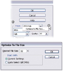 Elements’ Save For Web dialog box has a helpful file-size optimization feature for when you need to send a file someplace that puts limits on your total file size.Top: When you click the triangle next to the Preset menu, and then choose “Optimize to File Size”, Elements gives you a dialog box so you can enter your desired file size.Bottom: Use K (kilobytes) as your unit of measurement in the Optimize To File Size dialog box. Picking Current Settings tells Elements to start with whatever settings you’ve entered in the main Save For Web window, like the format and quality. Autoselect GIF/JPEG means you want Elements to decide between GIF and JPEG for you. Once you’ve finished making your selections, click OK. Elements then reduces your image to the size you requested.