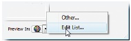 To preview your image in a Web browser, click the Preview In icon to launch your computer’s standard Web browser, or click the arrow and choose a browser from the list. The first time you click this icon, you may need to go to Edit List, as shown in the figure, and then click Find All. Elements sniffs out every browser on your computer, and automatically adds what it finds to the list of available browsers. The icon you see may vary, because Elements displays your chosen browser’s icon (or the last browser you used for previewing in Elements).