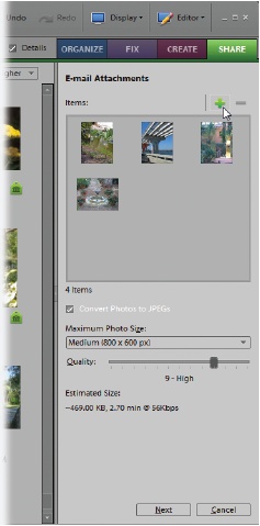 The Organizer’s email pane is pretty easy to use. You can start with one photo or a selected group, as shown here. To send more photos, just drag the photo thumbnails from the Photo Browser into the email pane. You can also highlight the photos in the Photo Browser, and then, at the top of the window, click the Add button (the green + sign). Remove photos you don’t want by highlighting them, and then clicking Delete (the red – button, which is grayed out in this image). Drag your photos in the pane to change their order.