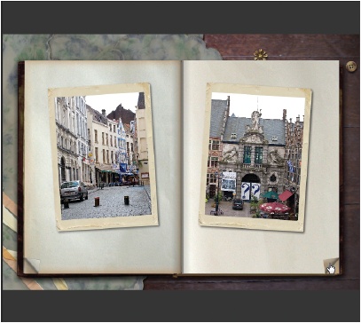 Some of the album styles automatically start playing their slideshows, while others, like the Scrapbook template shown here, are interactive. Your friends “turn” the pages of the book to go backwards and forwards through your album.