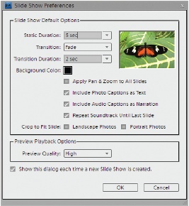 You can set the slide duration and background color for all your slideshows in the Slide Show Preferences window. It’s also a great place to audition different transitions. If you want to see how a particular transition looks, select it from the Transition drop-down menu. You see it play in the little preview area on the right. If you choose a transition here, then Elements automatically applies it to every slide. But you can override this setting for individual slides in the Slide Show Editor’s Storyboard by clicking the transition you want to change, and choosing a different one.