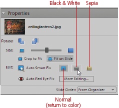 The three little thumbnails to the right of the Slide Show Editor’s Auto Smart Fix button let you change your photo to black and white or sepia and back to color again, if you change your mind. To change your slide to black and white or sepia, just click the button for the effect you want. To undo a color change you make here, click the Normal button. The changes you make with these buttons affect only the photo on your slide, not the original photo.