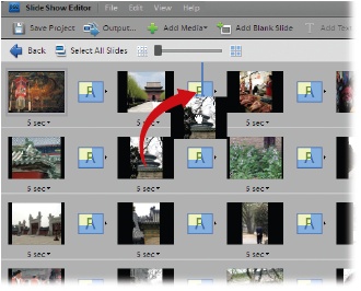 You can reorder slides by dragging them in the Storyboard, but if you have more than a few slides, all that scrolling is a pain. Elements makes it easier with the Quick Reorder window. Just click the Quick Reorder button in the lower-left corner of the Slide Show Editor (just above the Storyboard) to bring up what looks like a contact sheet of your slides. Then drag any picture to its new location. You see a vertical blue line (the arrow points to one), indicating a photo’s new position. When you’re done, in the upper-left corner, click Back to return to the main editing window.