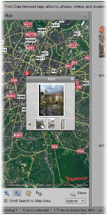 To see the Yahoo map pane, go to Display → Show Map at the Organizer’s upper right. Or right-click a photo or tag (label) and choose “Place on Map”, and then enter the location where you want to attach the photo. Once you’re in Map View, you can click a pin to see the photos attached to that spot. Click the large thumbnail on the little pop-out window for a full-screen slideshow of the pin’s photos with options like music and captions. Press the Esc key to get back to the map.