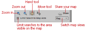 The Map pane has its own little toolbox, used only to adjust your view of the map and to rearrange your photos, if necessary. Click one of the Zoom tools, and then click the map to zoom in or out. The area you click becomes the center of the map. The Hand tool works just like the regular Hand tool (), but it only moves the Map around. The Map Move tool lets you reposition your photos on the map.