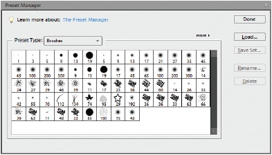 The Elements Preset Manager offers a place to see all your brushes, swatches, gradients, and patterns in one place. You can use it to switch which groups are loaded, to add or remove items, and so on—the same way you do in the main brush window.