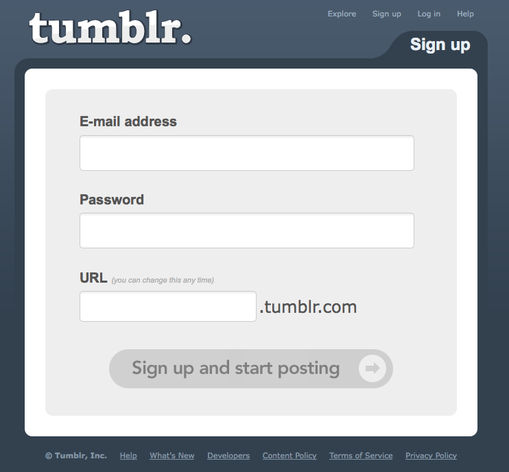 Tumblr registration is an example of barebones data collection just to get the user started.